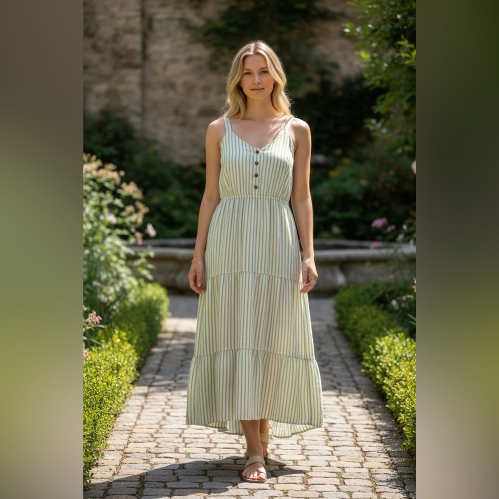 Lightweight Sonoma linen blend midi dress in a soft cream and sage stripe.